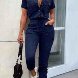 SHEIN LUNE Women's Spring & Summer Elegant Button Cinched Waist Jumpsuit